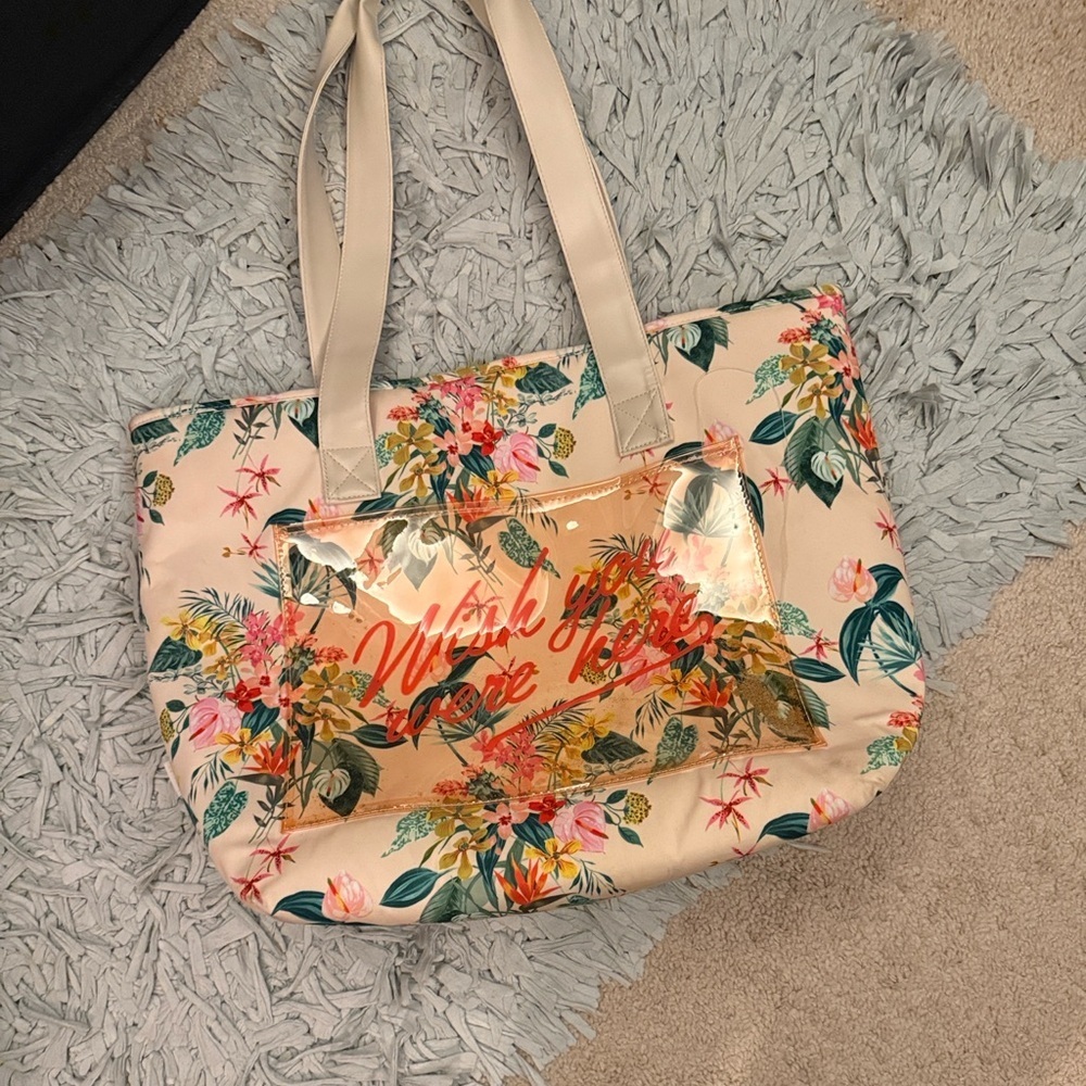 Insulated Floral Tote Bag with Transparent Pocket - Picture 5 of 7